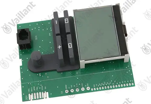 Vaillant Steuerplatine mit Display, Bedienelementen und Anschlussbuchse, geeignet für Heizungs- oder Steuerungssysteme.